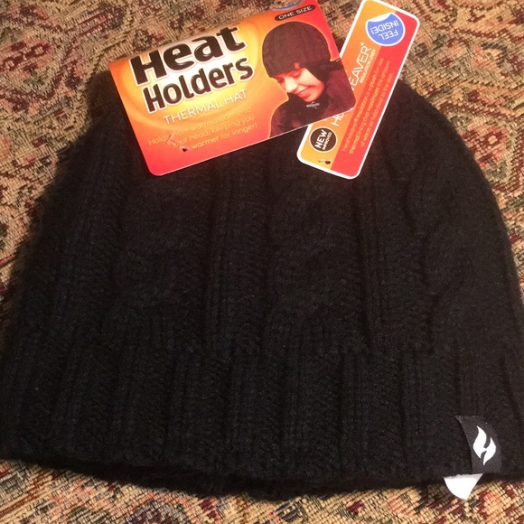 New! Heat Holders Black Cable Knit Plush Faux Fur Lining Thermal Hat One Size - Picture 1 of 10